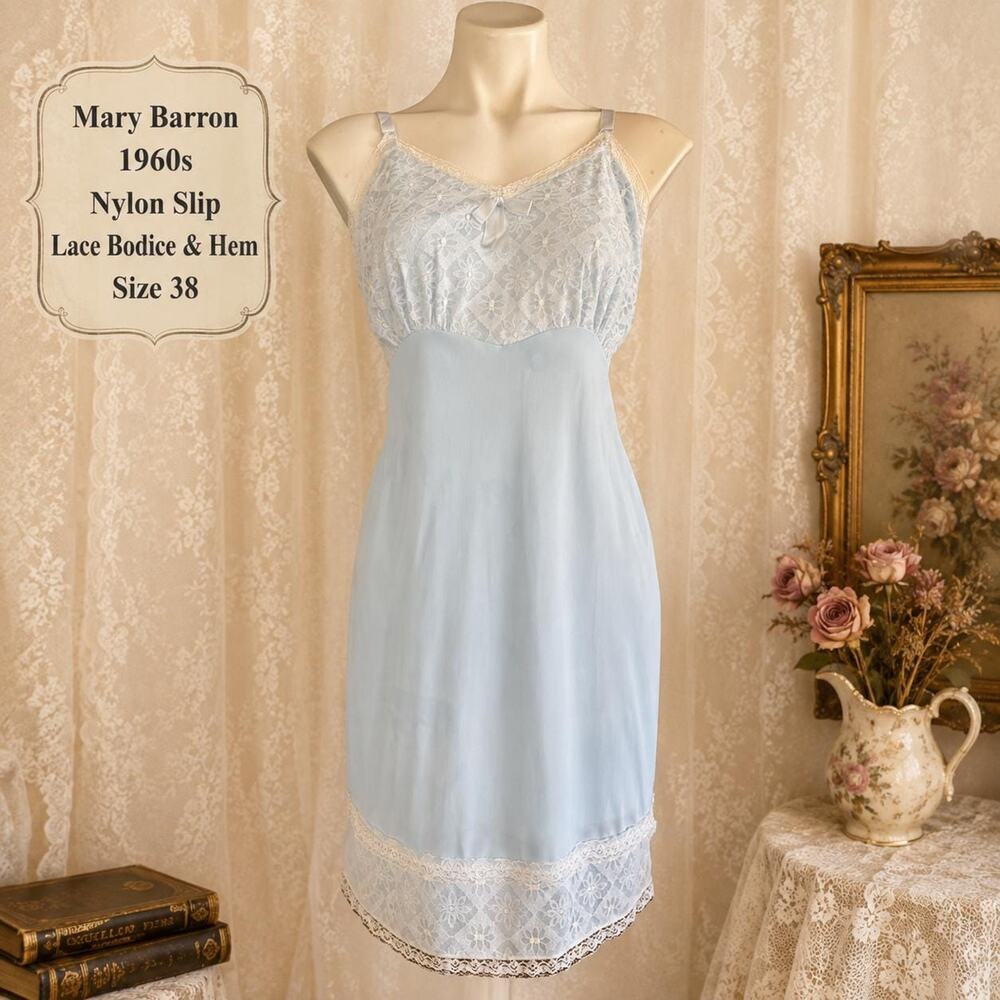 Vintage Mary Barron 1960s Nylon Full Slip Lace Bodice Lace Hem Blue size 38